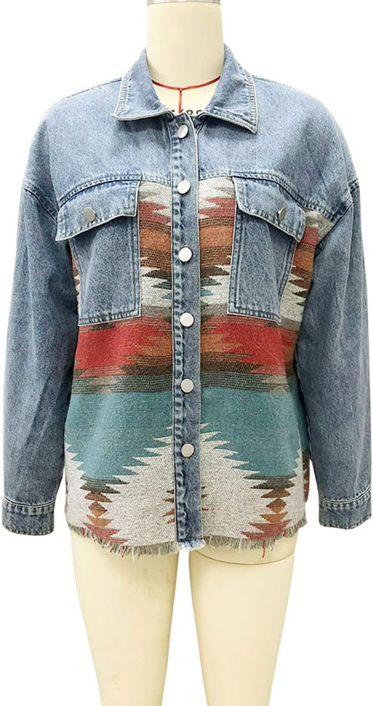 happlan Aztec Denim Jacket For Women Lapel Button Down Print Shirt Coat Shacket - Image 6