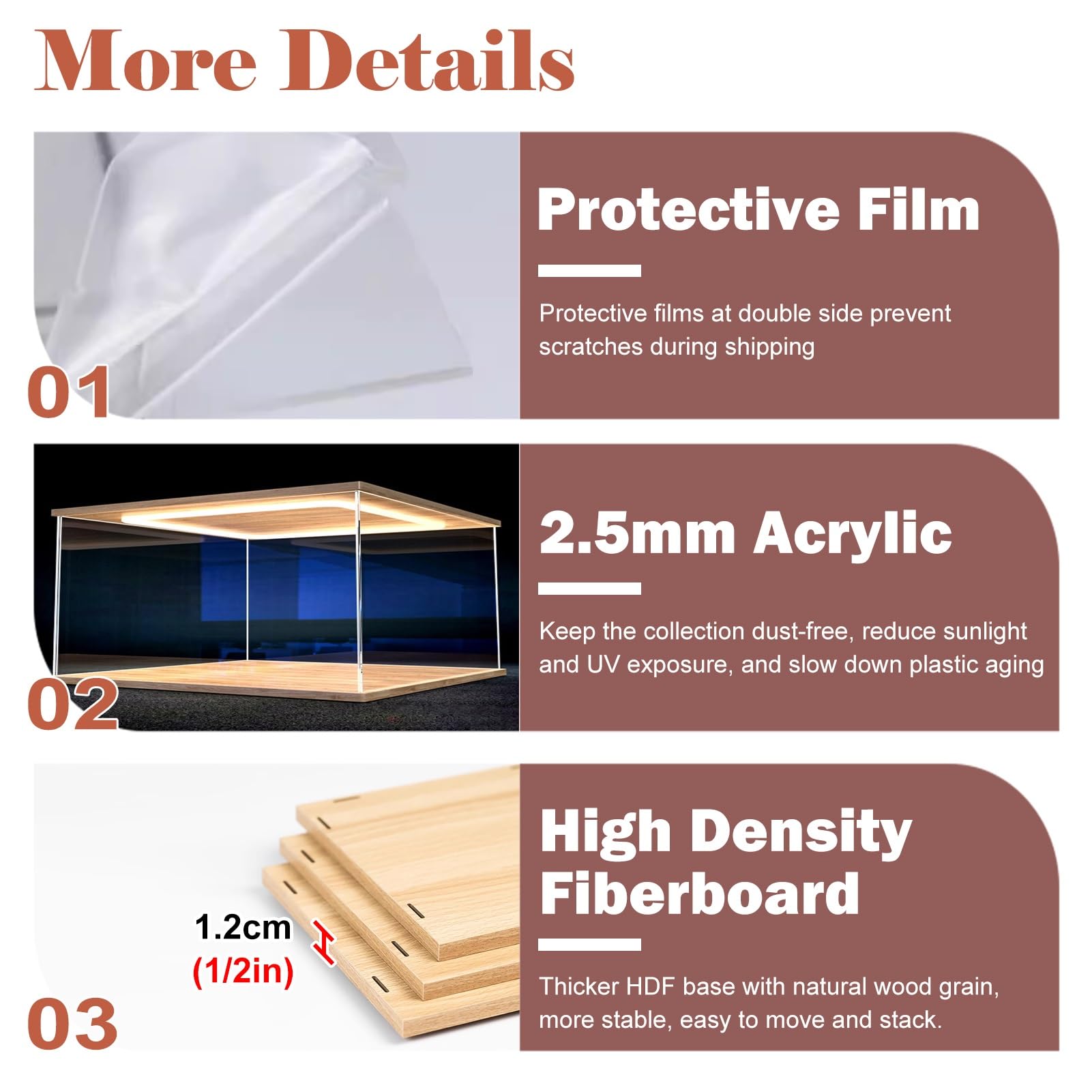 Vitrine transparente, affichage acrylique LED for objets de collection avec porte, plusieurs tailles(20x20x40cm(8x8x16in))