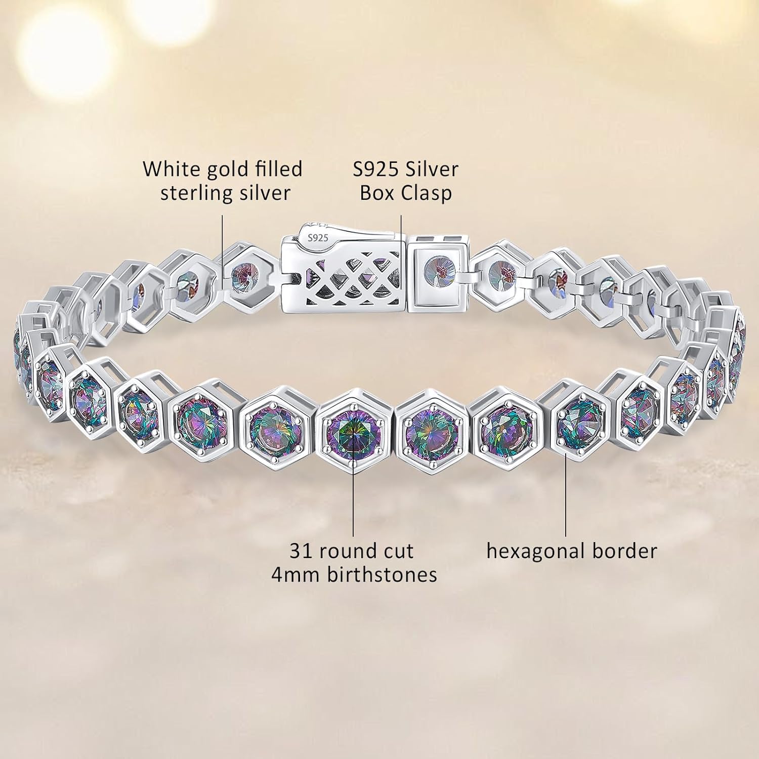 Birthstone Tennis Bracelets for Women Birthday Gifts 925 Sterling Silver Hexagon White Gold Bracelets Round Cut 5A Cubic Zirconia Prong Setting 7 Inch Anniversary Jewelry Gift - Image 3