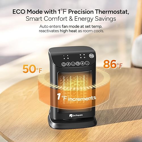 Miniatura 3 de DR.PREPARE Calentador de espacio pequeño de 1500 W para uso en interiores, calentador eléctrico de cerámica PTC portátil con termostato, oscilación,