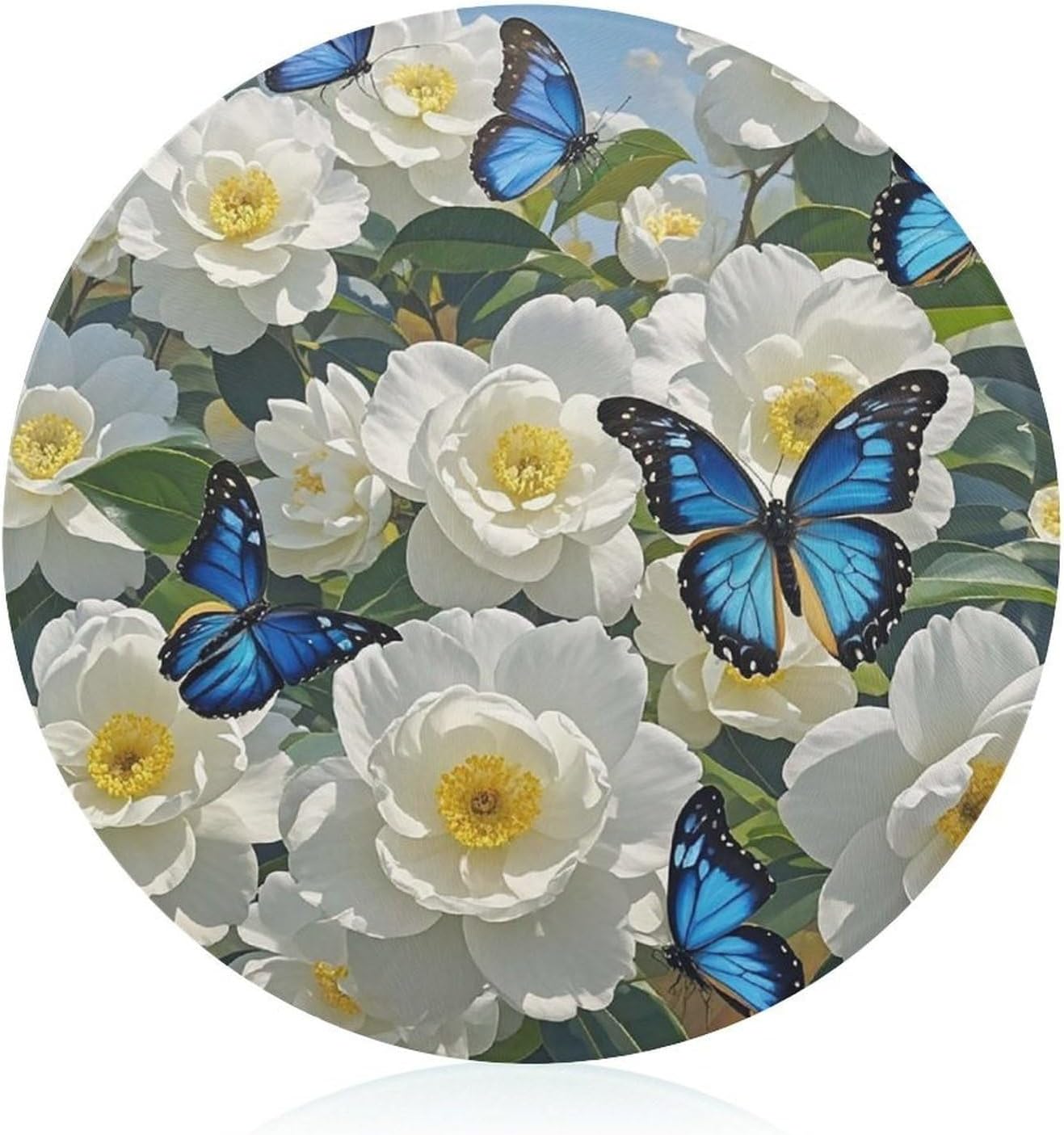 Blue Butterfly Tempered Glass Cutting Board for Kitchen Counter Easy to Clean Round 7.9" Non-Slip Butcher Block,Scratch Resistant,Heat Resistant Lightweight Chopping Board