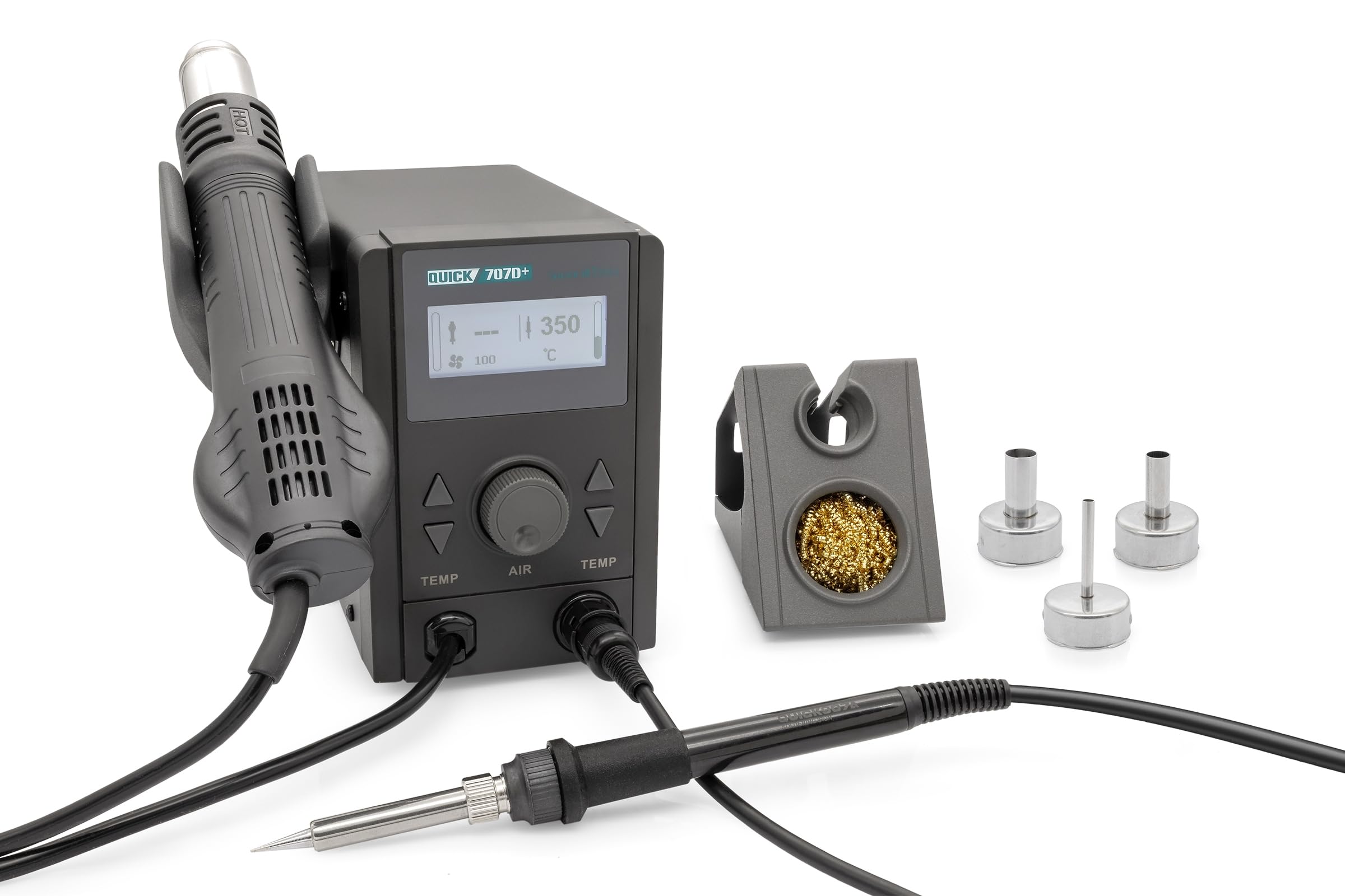 QUICK 707D+ 2in1 Reworkstation Sensor-geregelt und digital einstellbar, 800 Watt Heißluft 100-500°C bis 30L/Min, 70 Watt Lötkolben bis 480°C - SMD Reworkstation - Standby - Auto-Kühlsystem