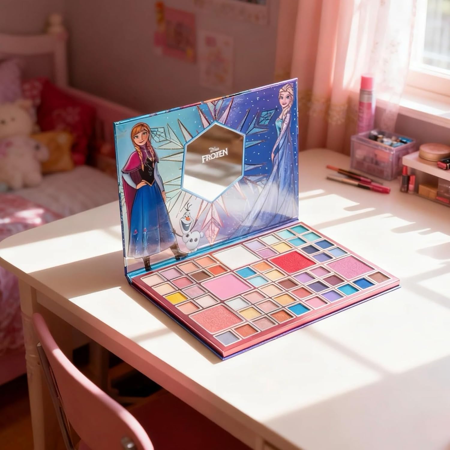Disney Frozen Elsa and Anna 55 Well Eye Shadow Palette with Mirror, Makeup for Girls and Teens, Shimmery and Matte Colors, by Townley Girl