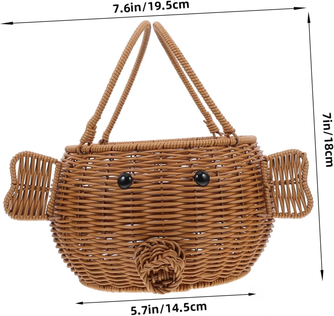 Creative Hand-woven Pig Shape Picnic Basket Imitation Rattan Fruit Organizer for Home Storage Decoration Adorable Multi-purpose Food Holder Compact Sturdy Construction for Picnics