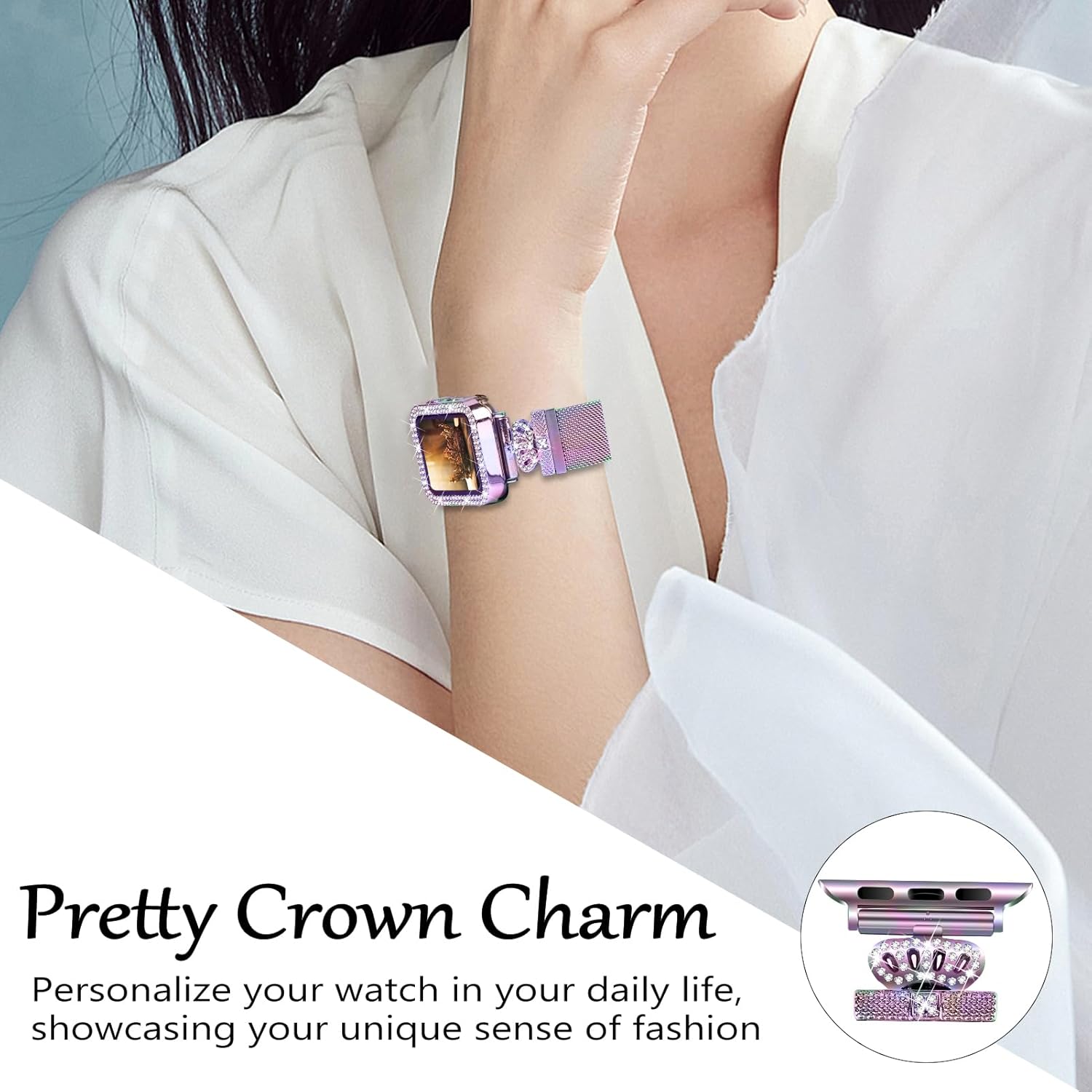 Magnetic Band Compatible with Apple Watch 38mm 40mm 41mm 42mm 44mm 45mm 46mm Stainless Steel Metal Strap with Bling Case and Built-in Screen Protector, Dressy Milanese Loop iWatch Bands for Women - Image 3