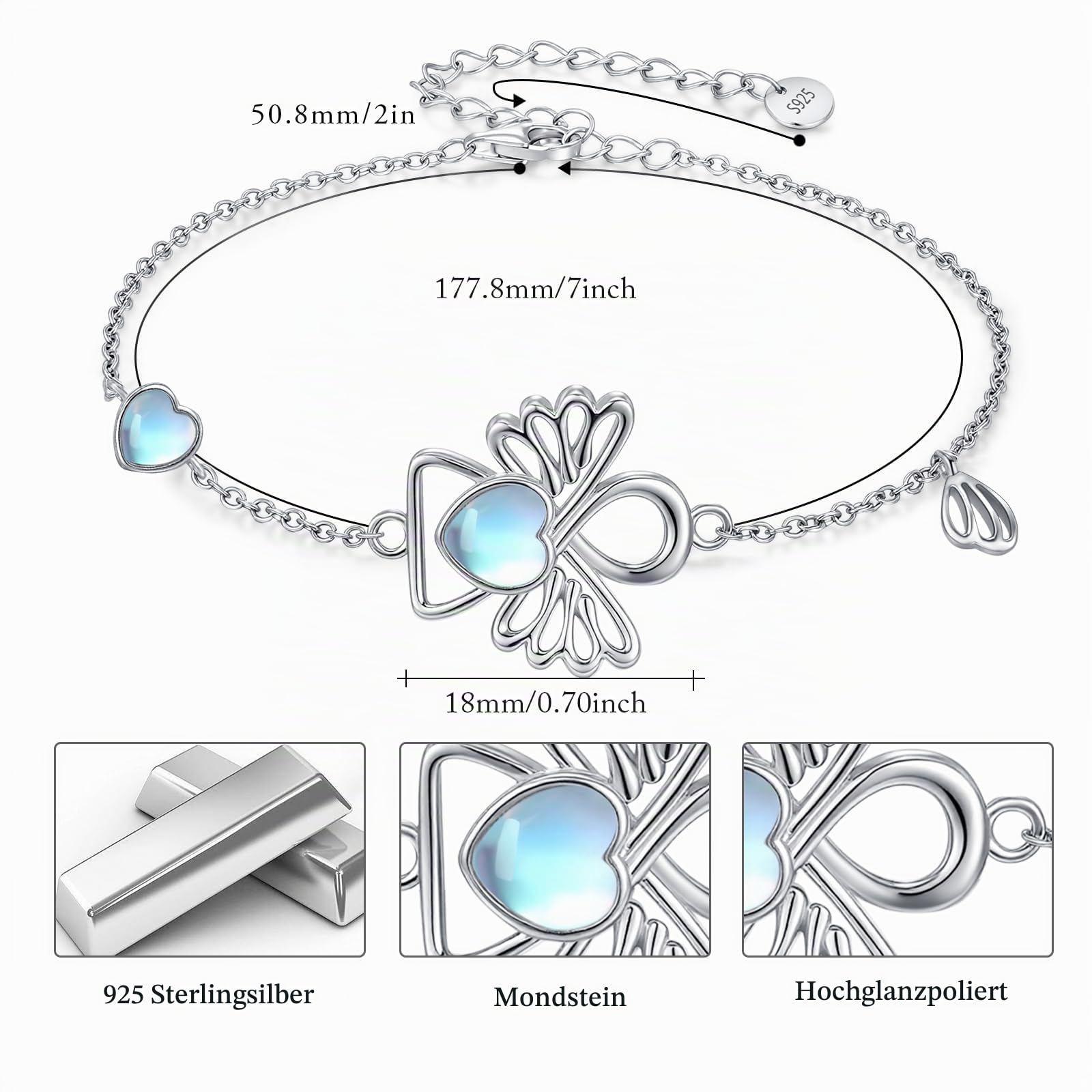 OHAYOO Delphin/Fuchs/Fatima/Schutzengel/Mondstein Armband 925 Sterling Silber Verstellbarer Armbänder Tier Schmuck Weihnachten Geschenke für Damen Mädchen Kinder