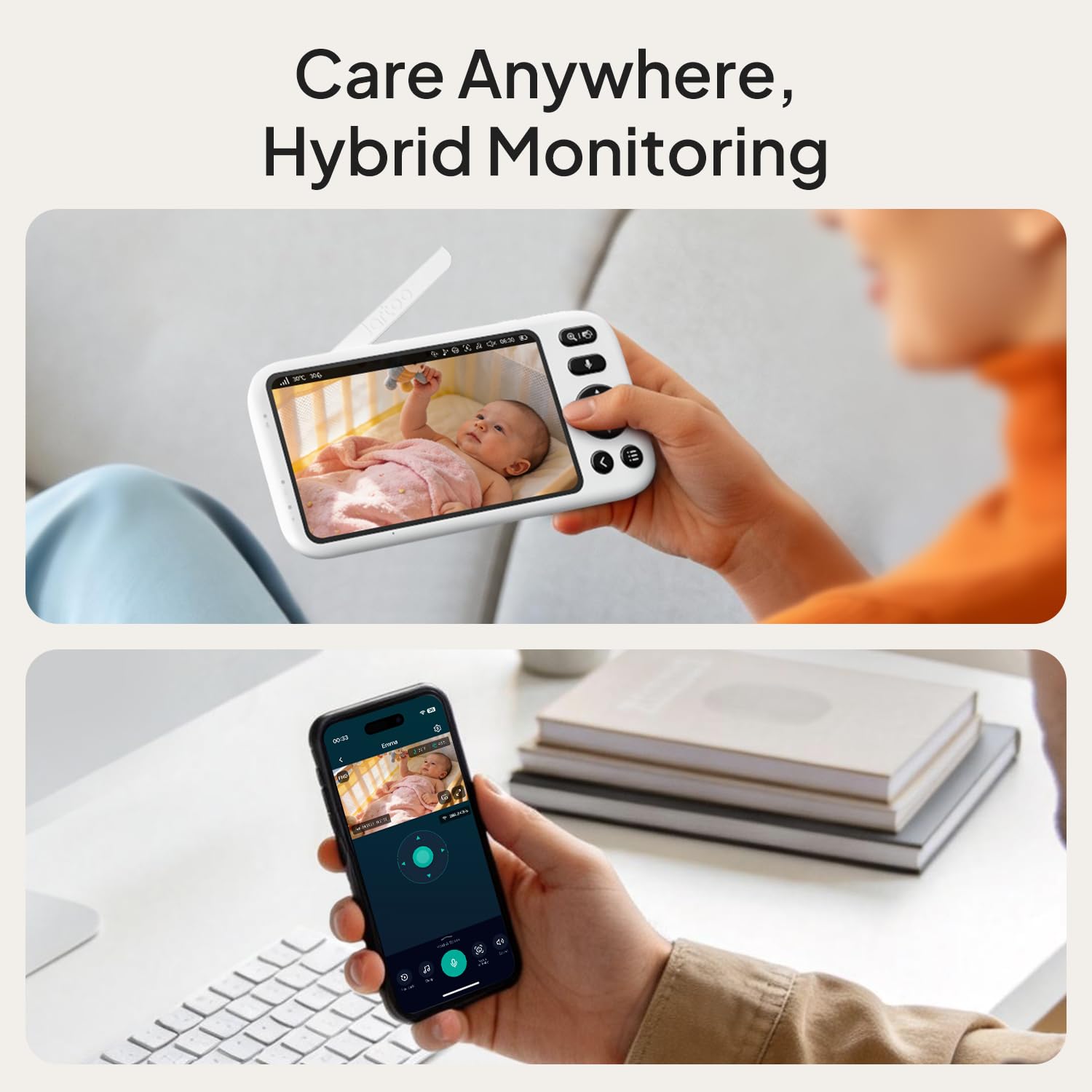 Jartoo Baby Monitor intelligente con 2K 2 telecamere e supporto, schermo da 14 cm, Wi-Fi ibrido e senza connessione Wi-Fi, lungo raggio, rilevamento basato su AI, app gratuita e registrazione 24/7