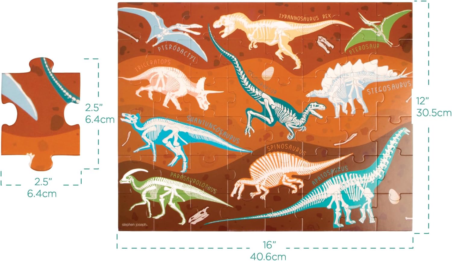 Stephen Joseph, Educational Puzzle with Canister, 48-Piece Animal Puzzle, Learning Animal Puzzle for Kids Ages 3 4 5, Dinosaur Fossil