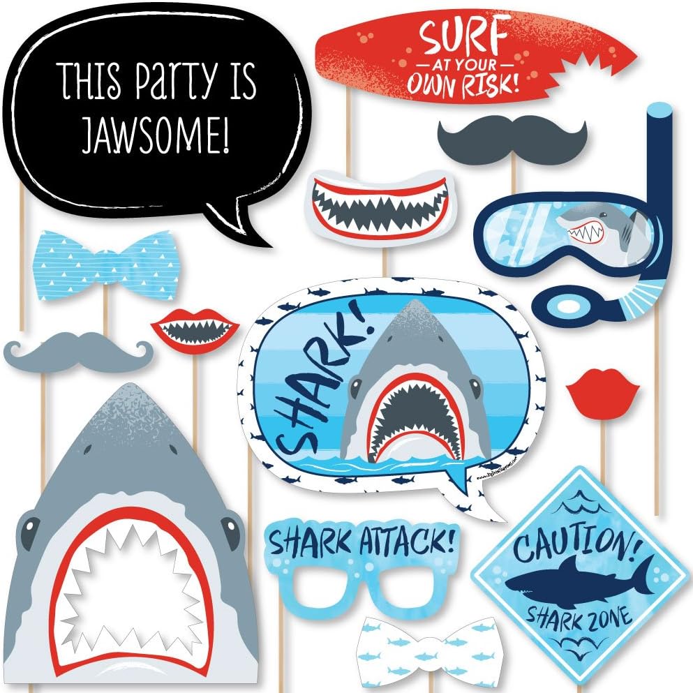 Shark Zone - Jawsome Shark Photo Booth Prop Kit, DIY Cardstock Props - 20pc | Shark Themed Baby Shower or Birthday Decor, Masks and Speech Bubble Shapes for Adults & Kids, Prop Sticks Included, USA-made