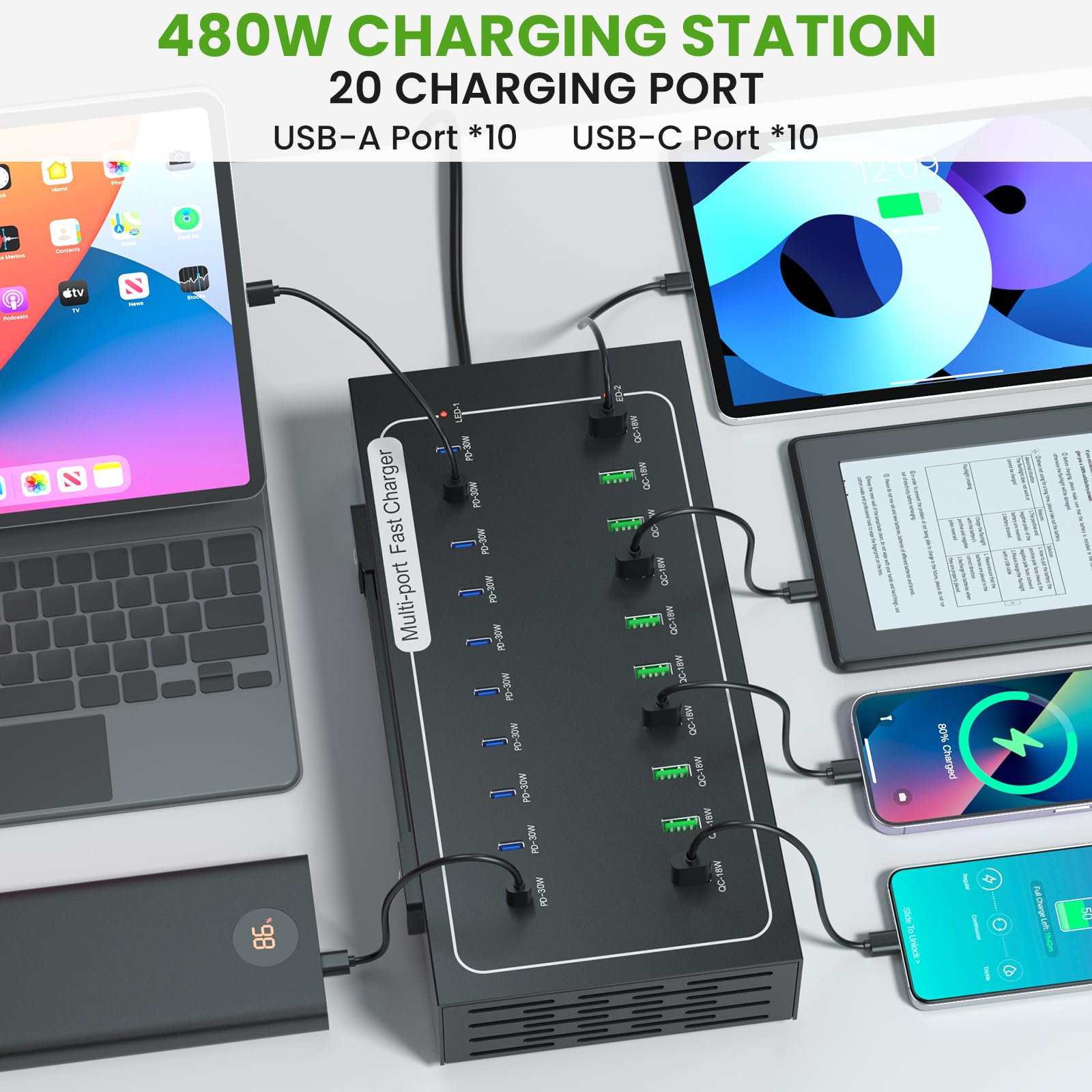 480W USB Charging Station, ALI SEA 20 Port (10 PD+10 QC) USB C Fast Charging Station for Multiple Devices, Charger Block with Intelligent Protection for iPhone, Android Cell Phone, iPad, Tablet