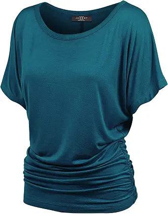 Made By Johnny Women's Casual Solid Short Sleeve Boat Neck/V Neck Dolman Top T Shirt with Side Shirring