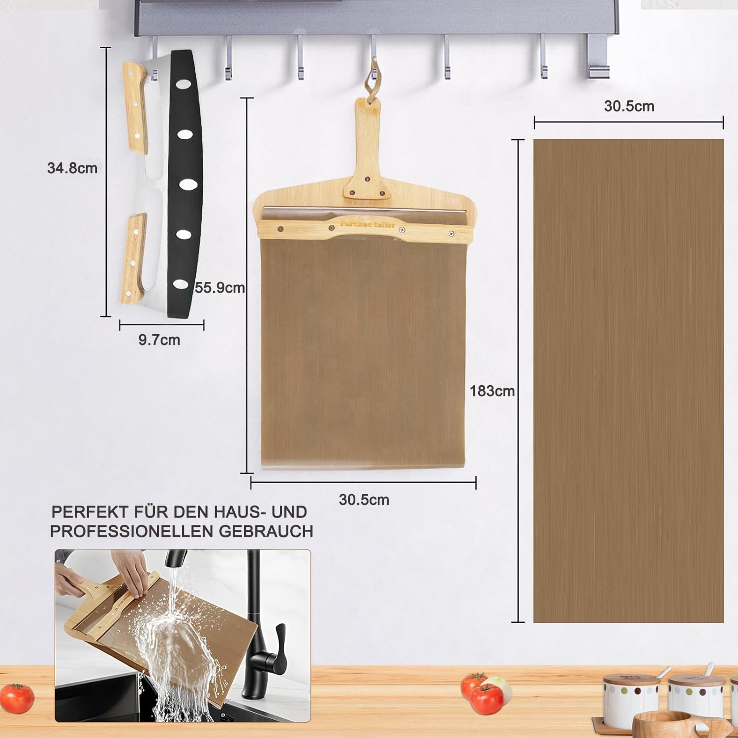 Pala deslizante para pizza, 30 cm, antiadherente, con cortador de pizza, resistente al calor a 300 °C, mango de bambú de 55 cm, herramienta de transferencia de pizza extraíble para interior y exterior