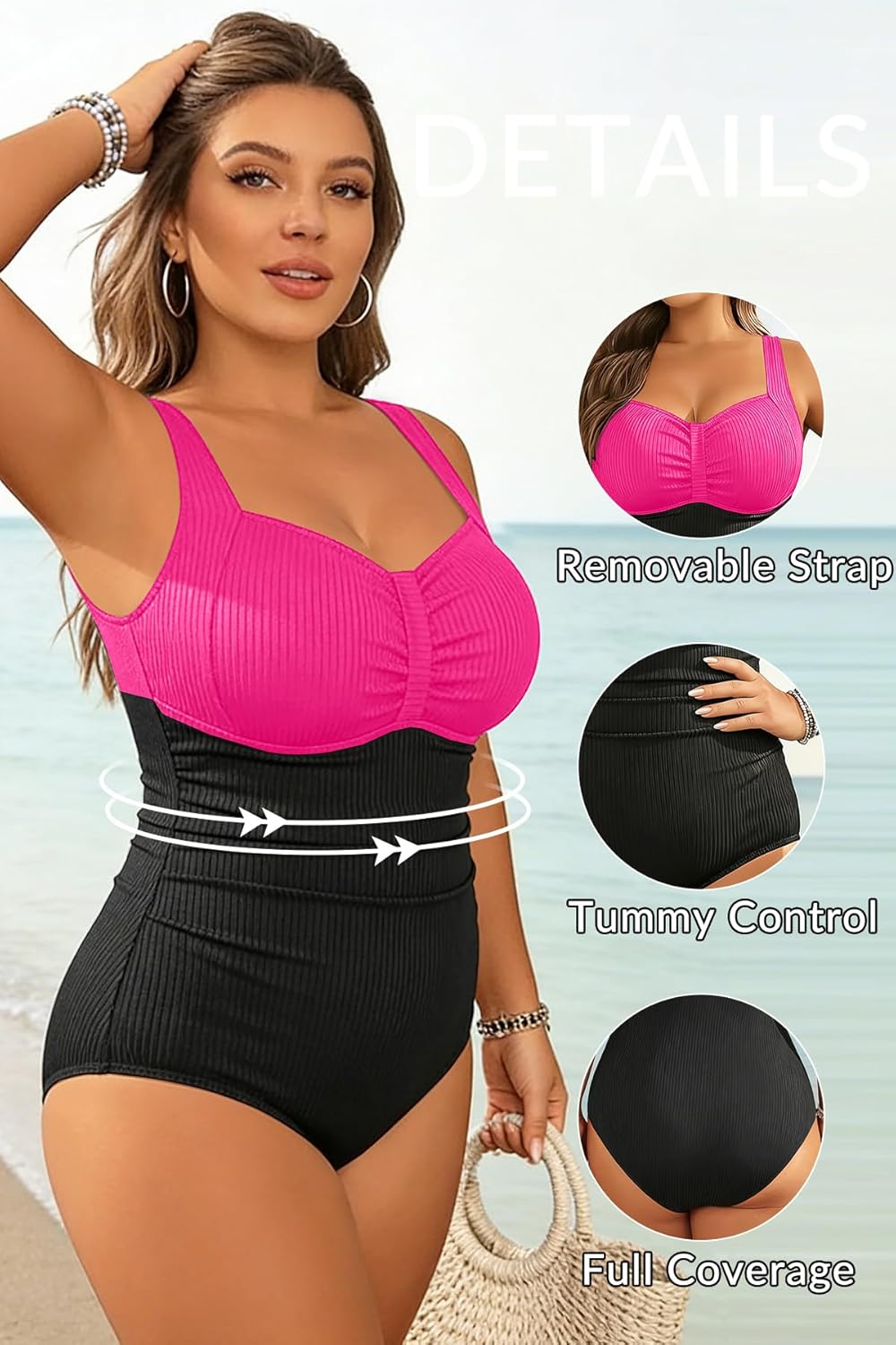 Aqua Eve Plus Size One Piece Swimsuit for Women Tummy Control Bathing Suit Ribbed Swimwear - Image 4