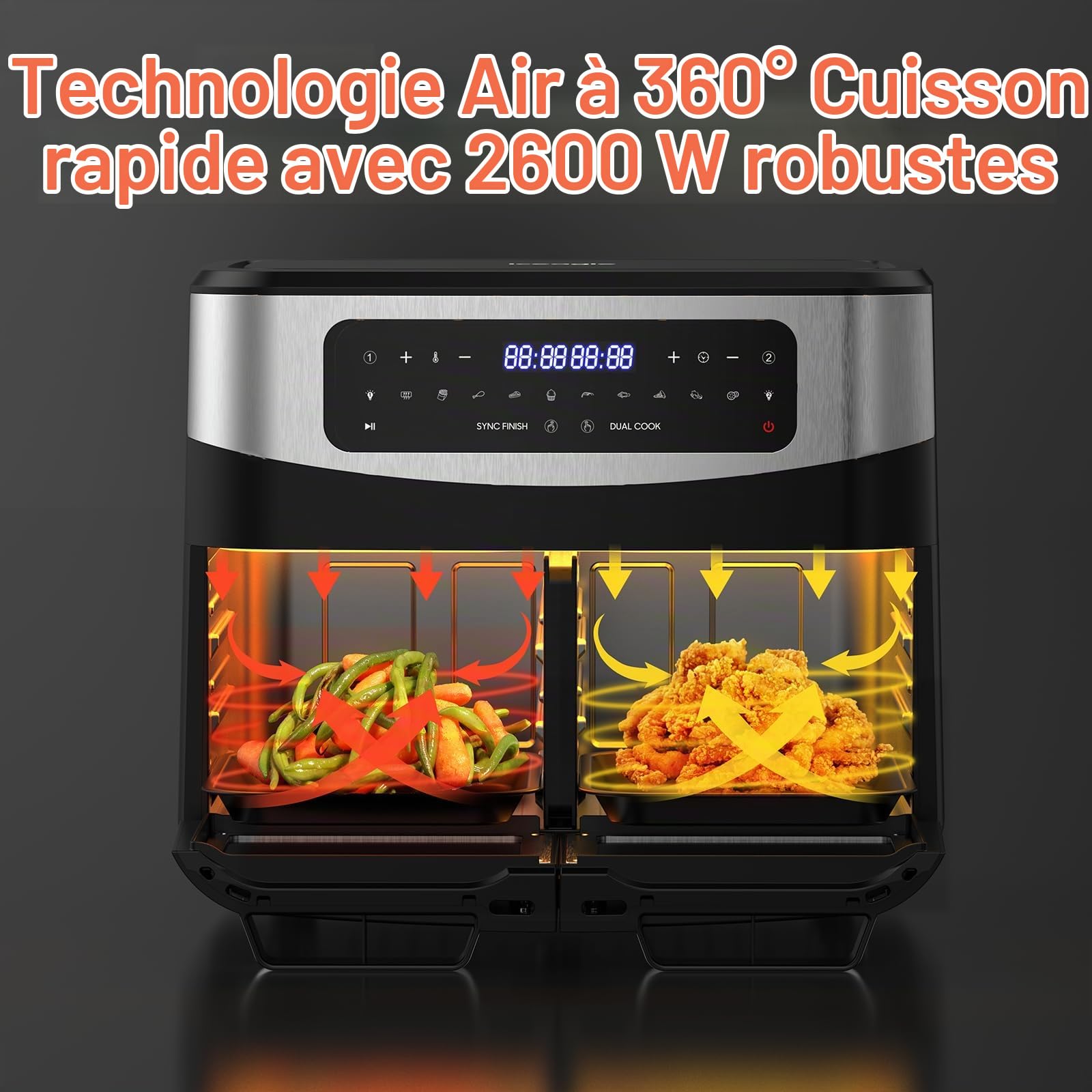 Air Fryer Dual Zone 12L - 2600W Friteuse à air chaud XXL avec séparateur amovible, double compartiment, 10 programmes, 2 fenêtres, 50–200°C, accessoires complets, recettes