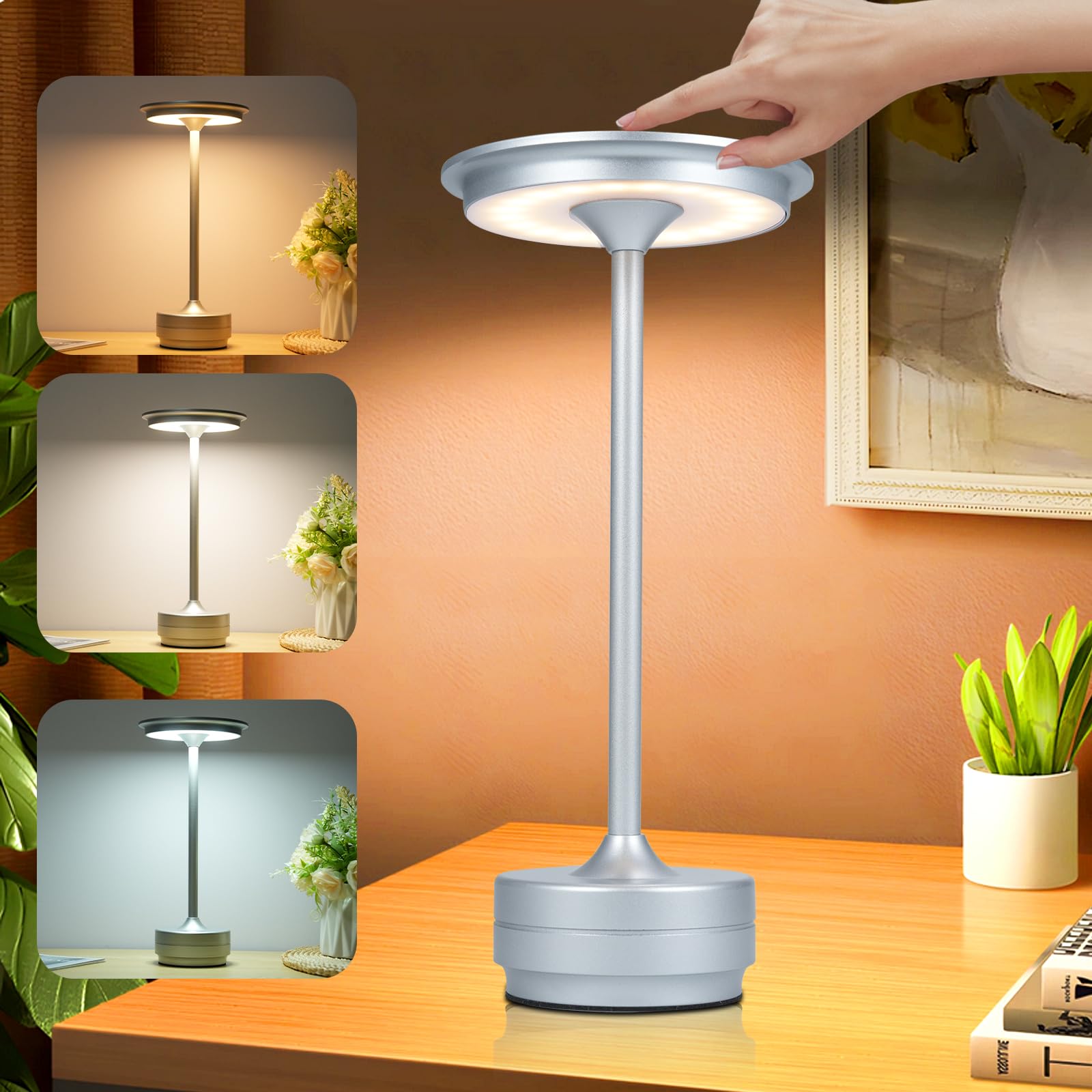 Lixada Cordless Table Lamp LED 4000mAh Battery Operated Lamp Touch Control LED Desk Lamp Bedside Nightstand Lamp 3 Light Colors Stepless Dimmable Rechargeable for Bar Restaurant Coffee Bedroom