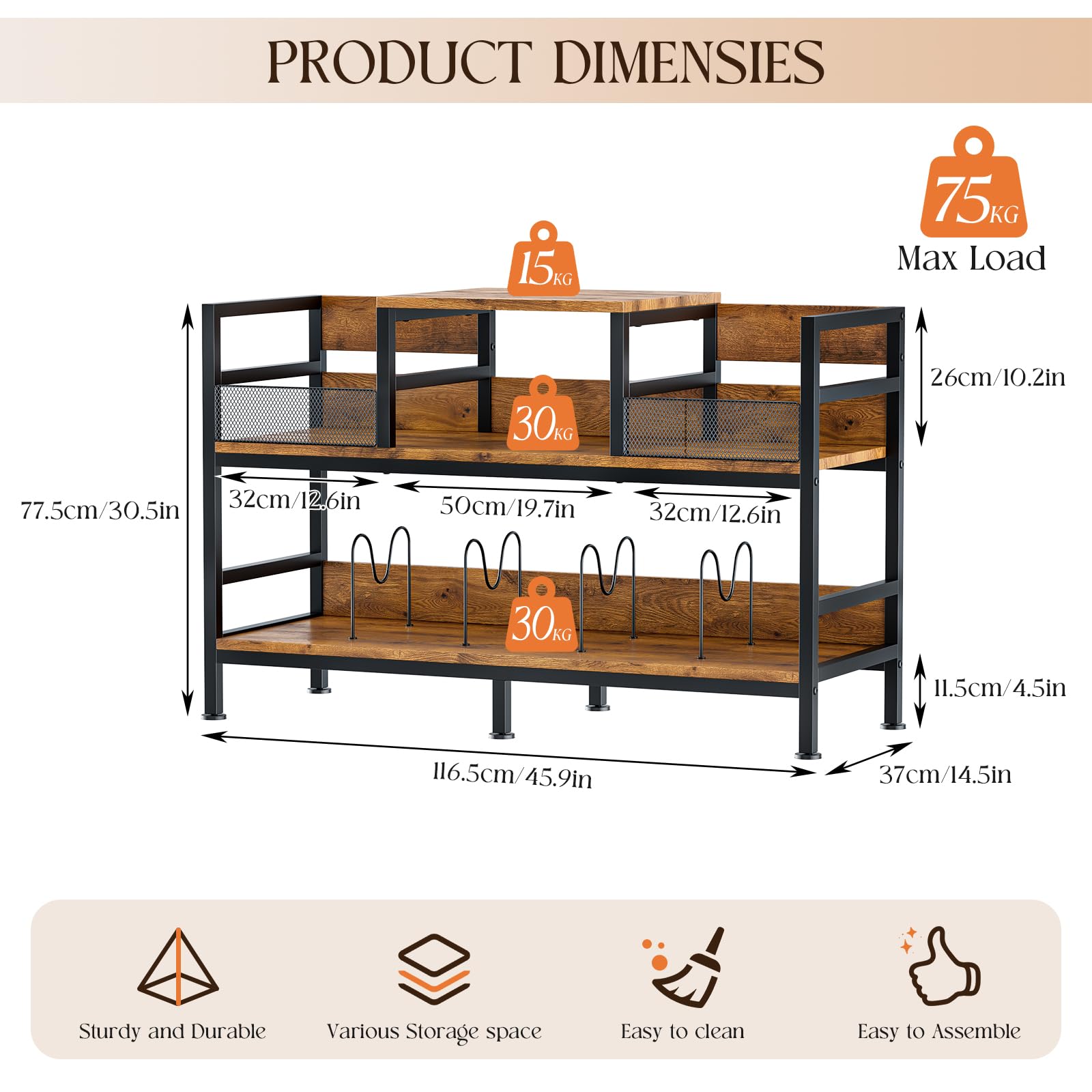 Mobile Giradischi e Porta Vinili in Stile Industriale, Mobile per Giradischi e Vinili con Struttura in Metallo e Legno, Supporto per Giradischi con Capacità 350 Dischi, 116,5×37×77,5 cm (Marrone)