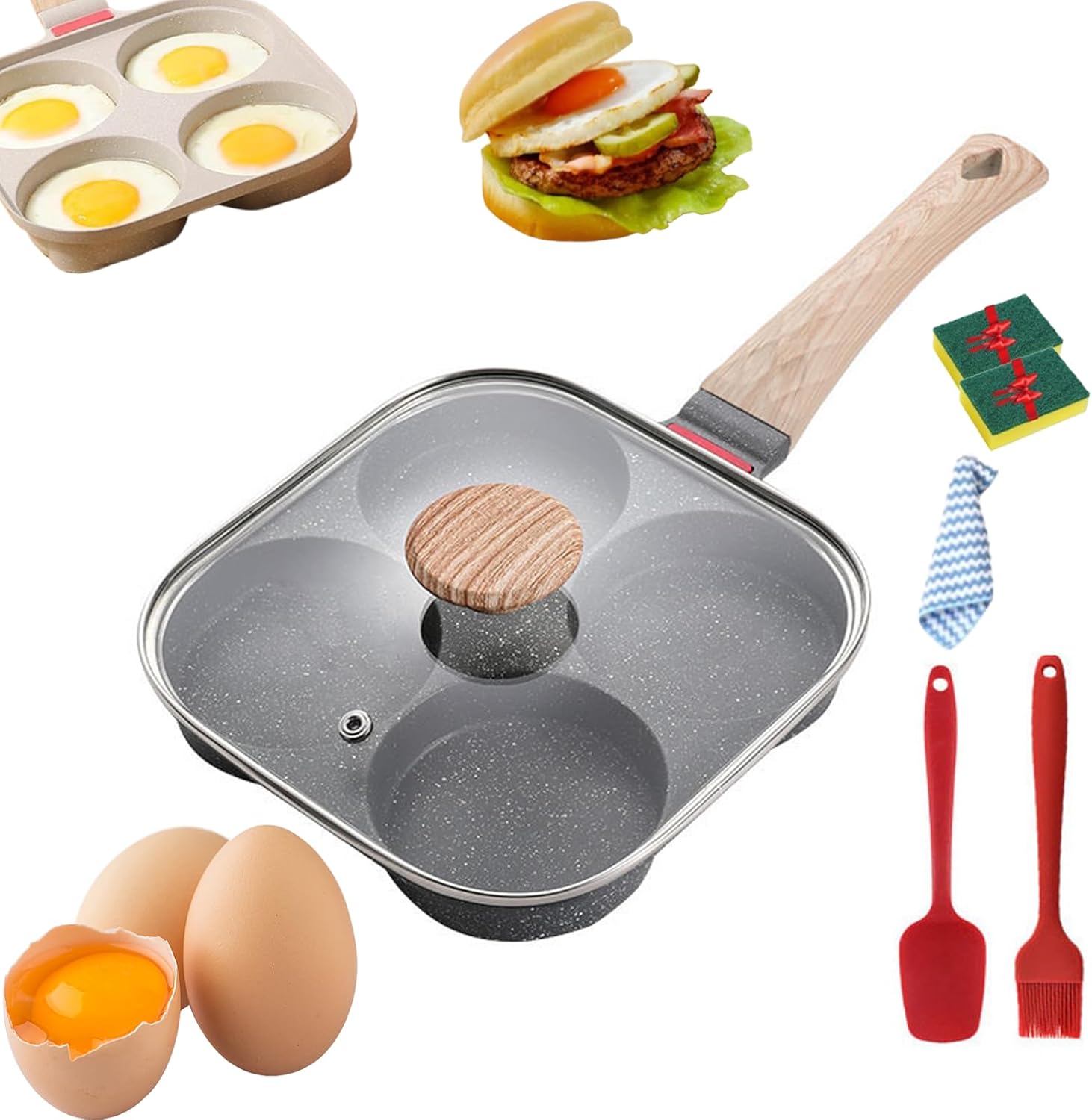 Non Stick Egg Frying Pans 4 Holes Shapes, Breakfast Sandwich Pan, Divided Egg Omelet Pans, Nonstick 4 Hole Skillet with Handle, Mini Mcgriddle Pan for Stove Top and Induction Compatible (Gray)