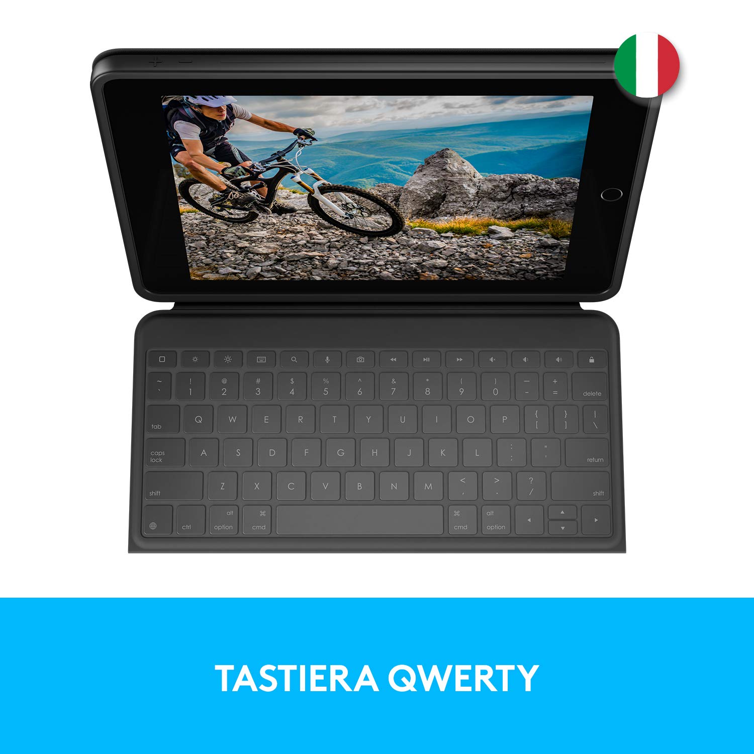 Logitech Rugged Folio per iPad (7ª, 8ª e 9ª generazione) Custodia con tastiera protettiva con Smart Connector e tastiera resistente agli schizzi, Layout Italiano QWERTY - Nero