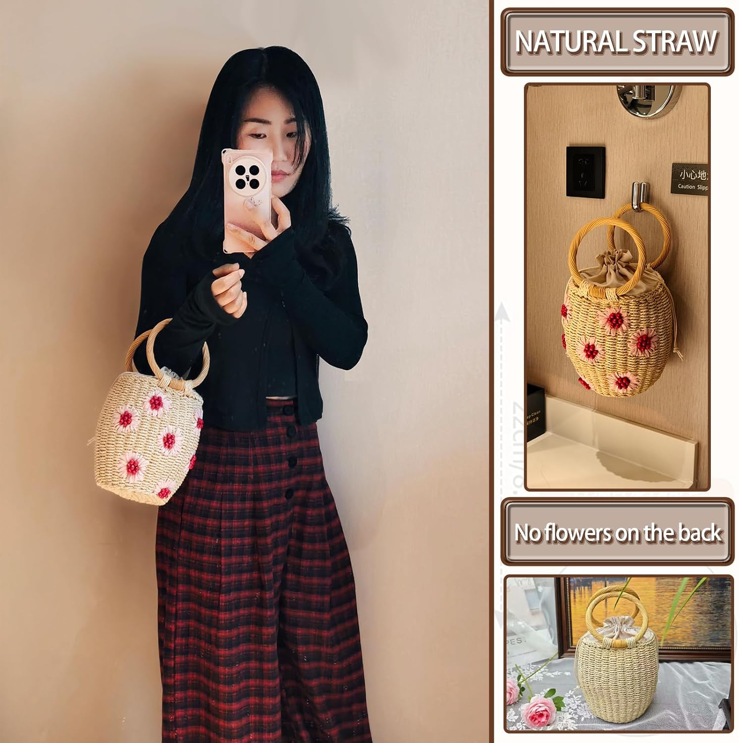 Flower Pearls Rattan Tote Bag Summer Beach Drawstring Straw Bucket Bag Diamonds Woven Handbag