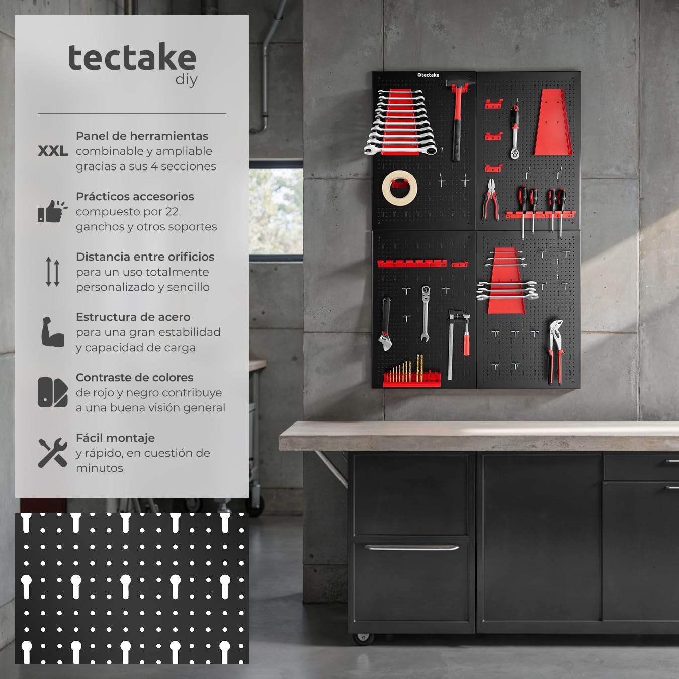 tectake® Organizador de Herramientas de Pared, Panel Perforado, Estantería de Taller con Ganchos, Banco de Herramientas, Herramientas Bricolaje, Tablero Perforado - 4 Tableros