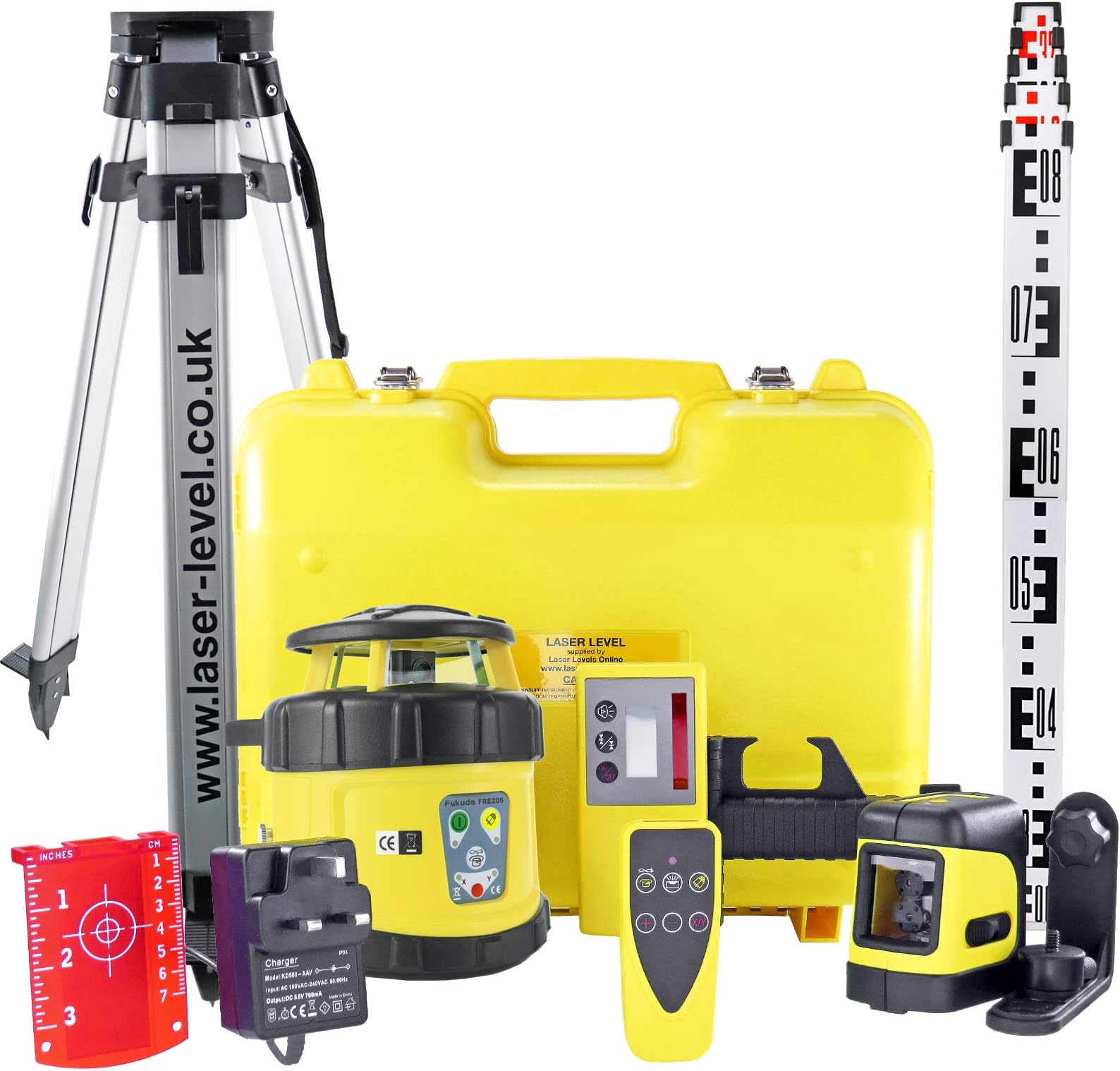 Fukuda FRE-205 Kit - Fully Self Levelling Rotary Laser Level, Laser Detector, Remote & Indoor Cross Line Laser, 4m Staff, Surveying Tripod & Calibration Certificate