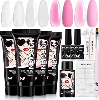 Morovan Poly Gel Nail Colors Kit: 4 Colors Clear Pink Poly Nail Gel with Slip Solution Extension Builder Gel for Nails Poly Gel Set Manicure DIY Design Nail Art Home Salon Beauty Gift for Women