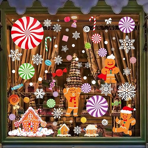 Miniatura 2 de Adhesivos de Navidad para ventana, 137 calcomanías de Navidad de hombre de jengibre, decoraciones de dulces de menta de Navidad de doble cara para
