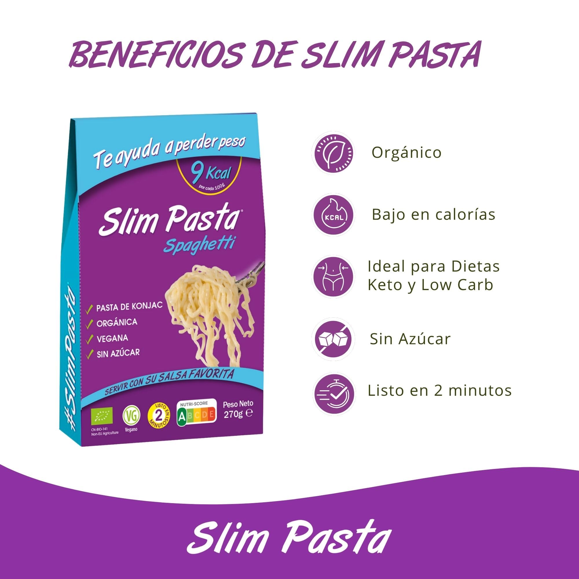 Slim Pasta Spaghettis de Konjac 270 g Sin Calorías ni Carbohidratos para Dietas Keto y Low Carb Vegano