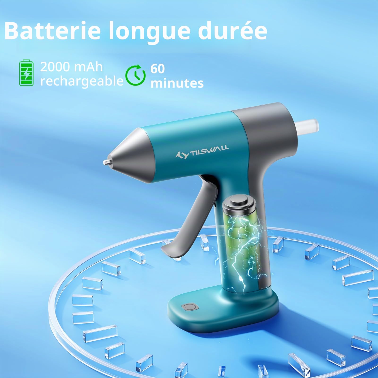 Pistolet à Colle Sans Fil Tilswall - 30s Préchauffage Rapide, Batterie 2Ah Intégrée, USB-C, Arrêt Intelligent - Idéal Bricolage, Loisirs Créatifs et Petites Réparations, Bleu