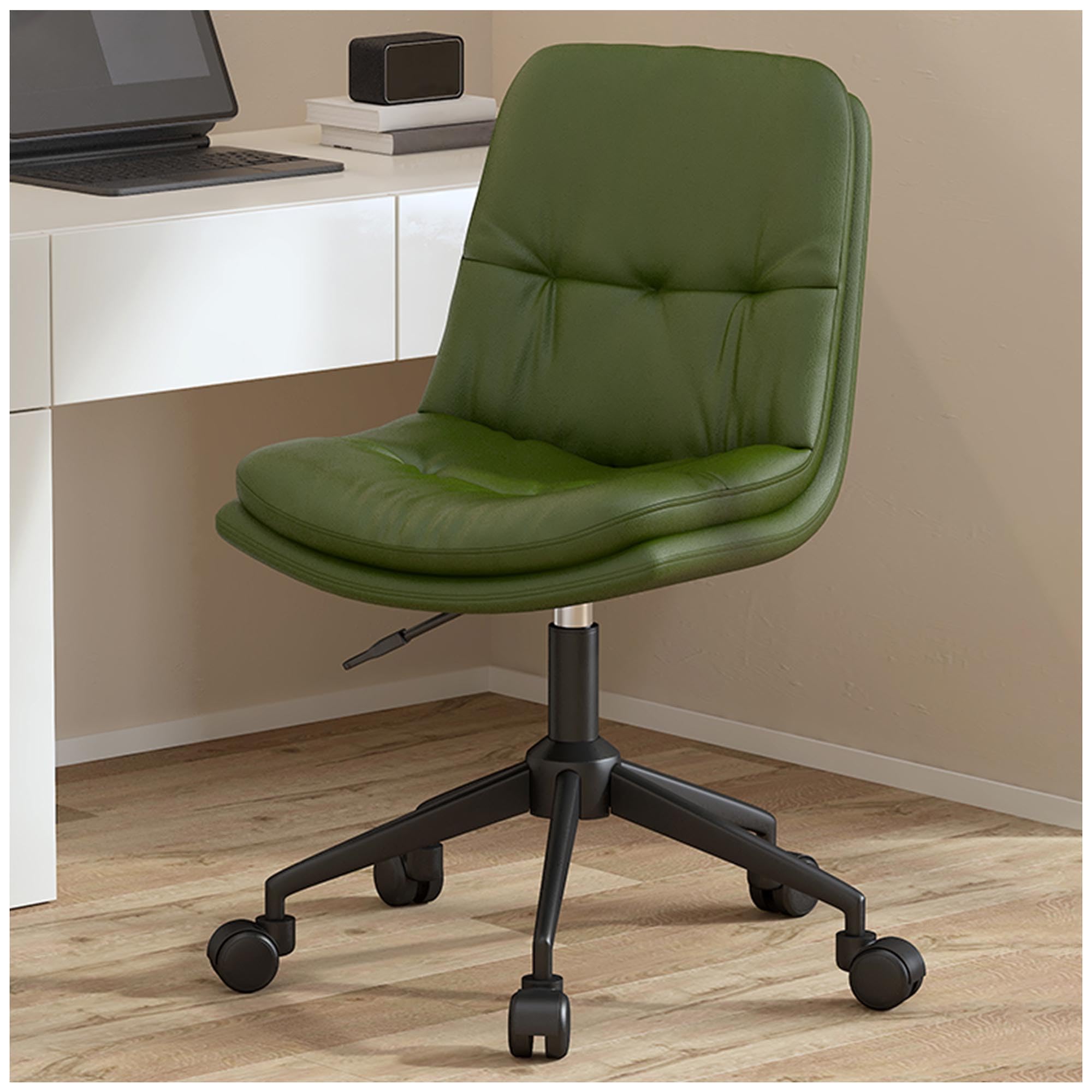 Silla de escritorio ergonómica de cuero con diseño giratorio de 360° sin brazos, asiento tapizado de altura ajustable y ruedas giratorias para uso en tareas en casa o computadora