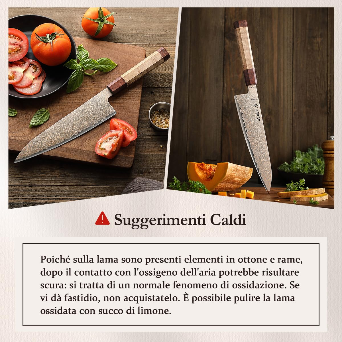 HEZHEN Coltello da Chef in Acciaio Damascato Rame, Professionale Coltello Damasco in Stile Giapponese, Manico Ottagonale in Legno