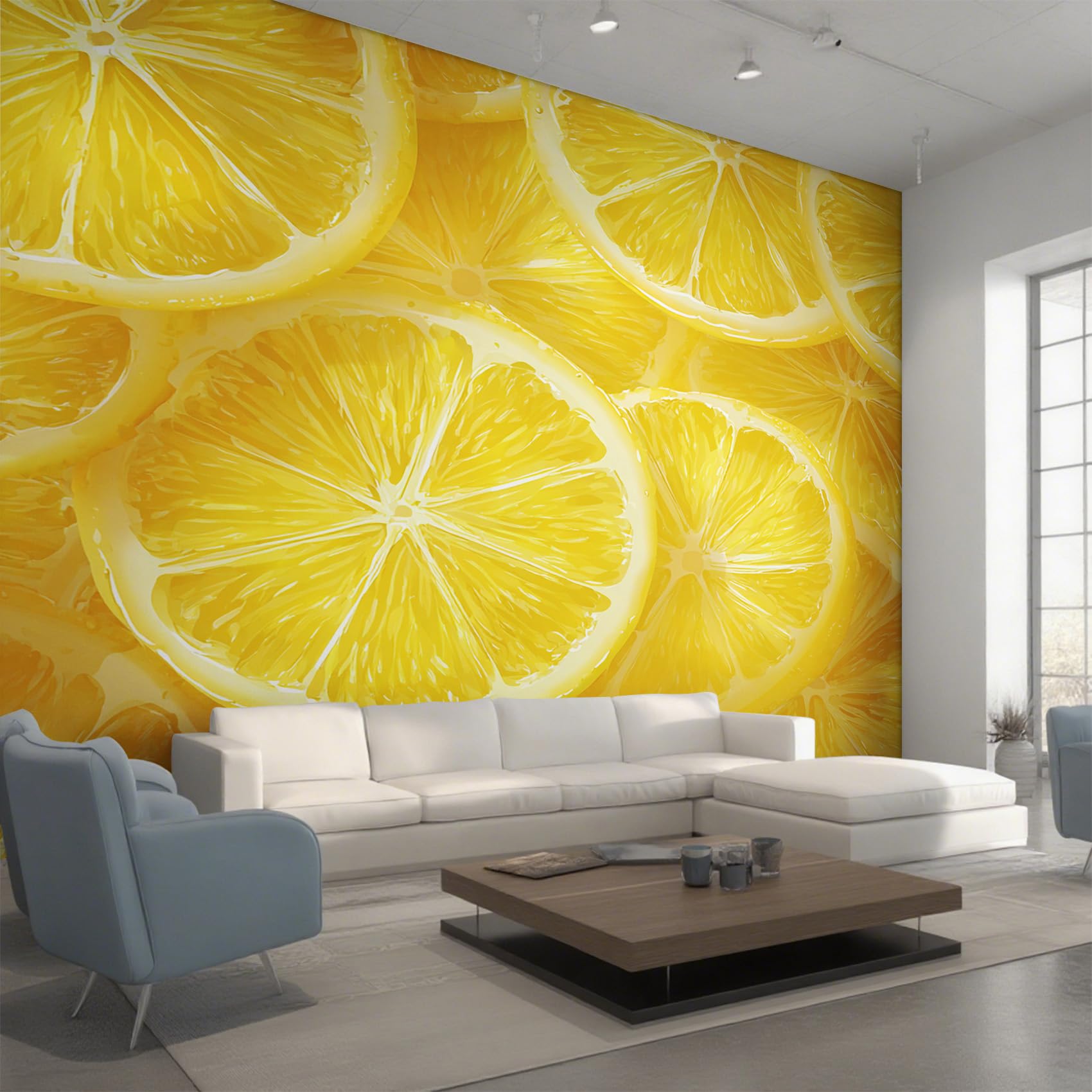 Papier peint intissé tranches de citron jaune panoramique décoratif 250x175 cm modèle Y&W47