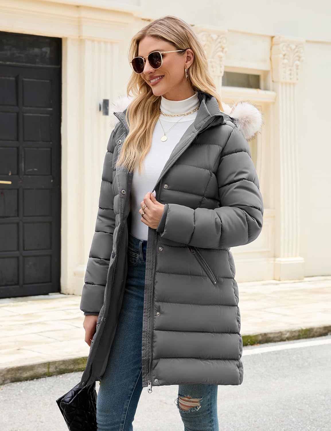 Women's Winter Thicken Fleece Lined Puffer Coat Mid-Length Down Jacket with Removable Faux Fur Hood, Warm Snow Parka - Image 2