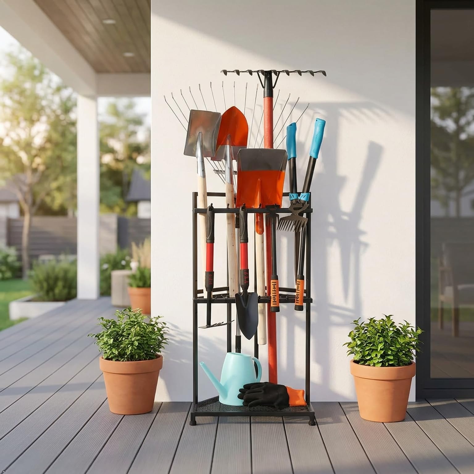 Organizzatore per attrezzi da giardino pesanti | Scaffale angolare – Acciaio verniciato a polvere di alta qualità nero opaco | Ideale per capannoni, garage, terrazza esterna