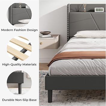 IRONCK 5ft King Size Bed Frame with Charging Station, Bed Frame King with Upholstered Storage Headboard, Sturdy Wooden Slat Support, No Box Spring Needed, Grey 150X200 cm