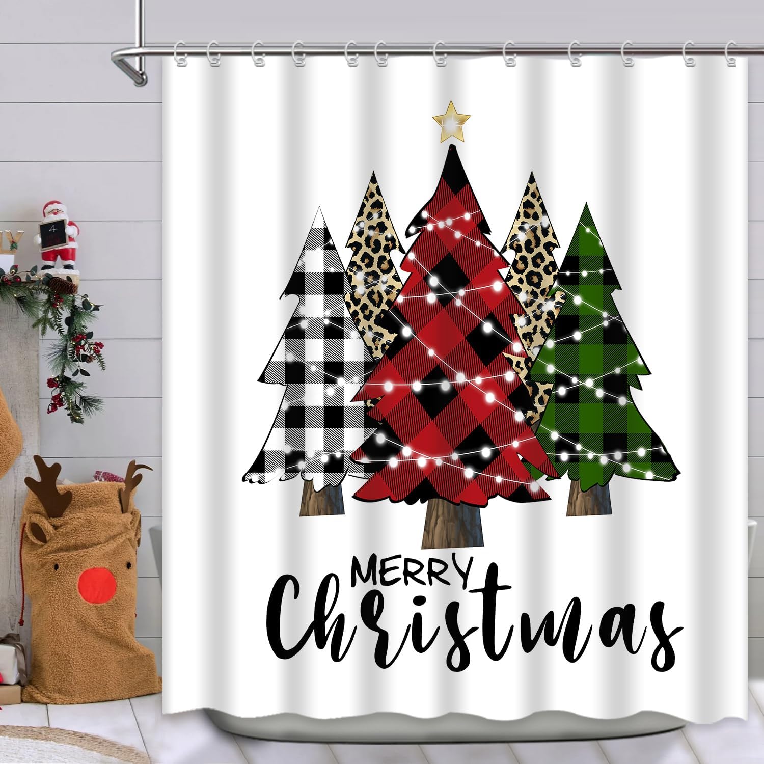 Christmas Shower Curtain 72 x 72 Inch Buffalo Check Plaid