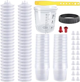 Disposable Paint Spray Gun Cup System for HVLP Paint Spray Paint Gun, Standard 20 Ounce (600ml) Kit with 50 Cups and Lids, 1 Hard Paint Mixing Cup with Retainer Ring and 20 Plugs.