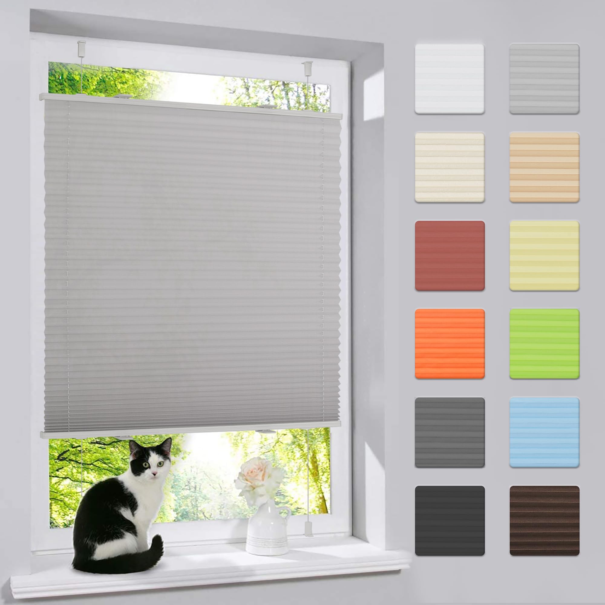 bobodeco Plissee ohne Bohren Klemmfix Faltrollo Jalousie Grau 110x130cm (BxH), Plisseerollo Sichtschutz und Sonnenschutz Blickdicht Easyfix lichtdurchlässig Rollo für Fenster & Tür