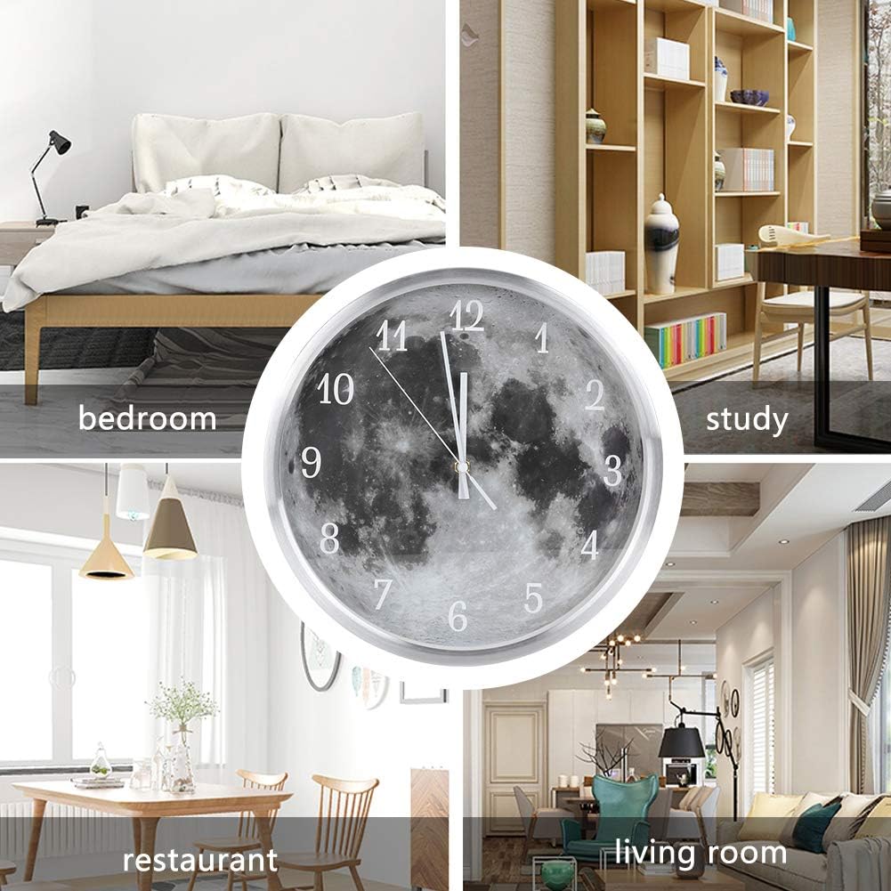 LED Night Light Wall Clock Hanging Silent Clock Silver Round Clock Battery Operated Earth Decorative Cool Wall Clock for Child Room Bedroom Living Room