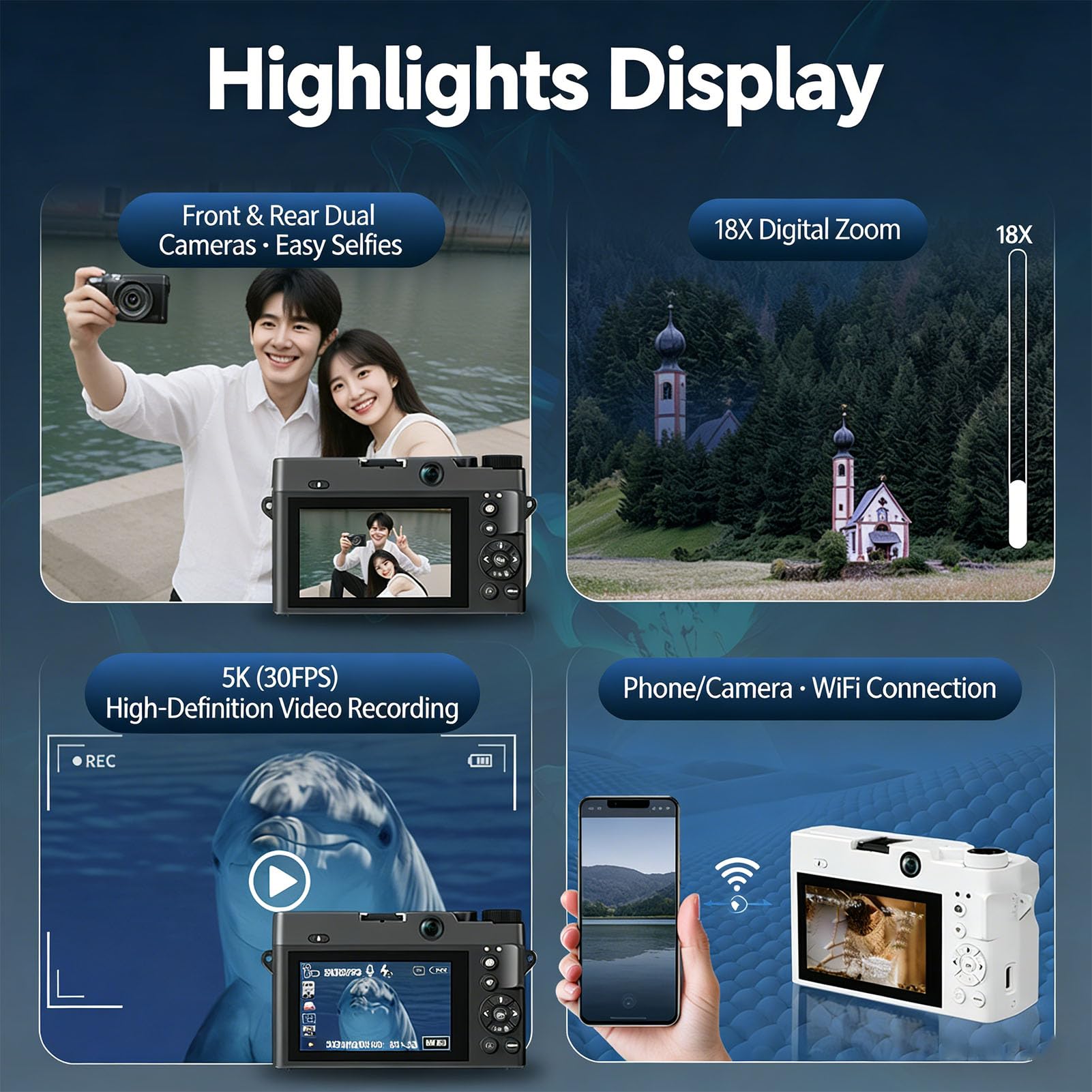 Jectse Fotocamera Digitale 5K per Fotografia con WiFi, Fotocamera per Vlogging Ultra HD da 75 MP con Schermo Ribaltabile a 180° da 3 Pollici, Compatta con Messa a Fuoco (White)