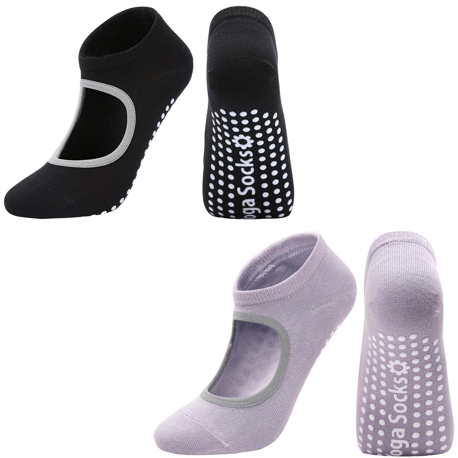 DTWAWA Grip Socks for Women Pilates Socks with Grips Open Top Non Slip Grippy Socks for Yoga, Barre, Lagree, Zumba (Black+Purple)