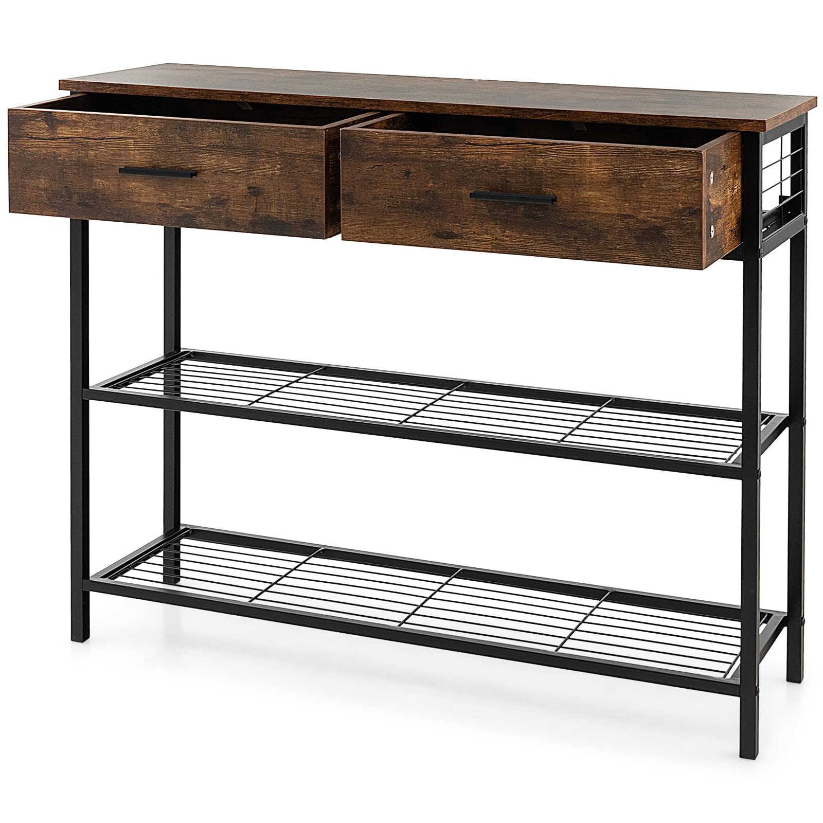 COSTWAY Stolik konsola 100 cm z 2 szufladami, 3 poziomy, stół do przedpokoju z drewna, stolik pomocniczy z metalową ramą, z zabezpieczeniem przed przewróceniem się (vintage)