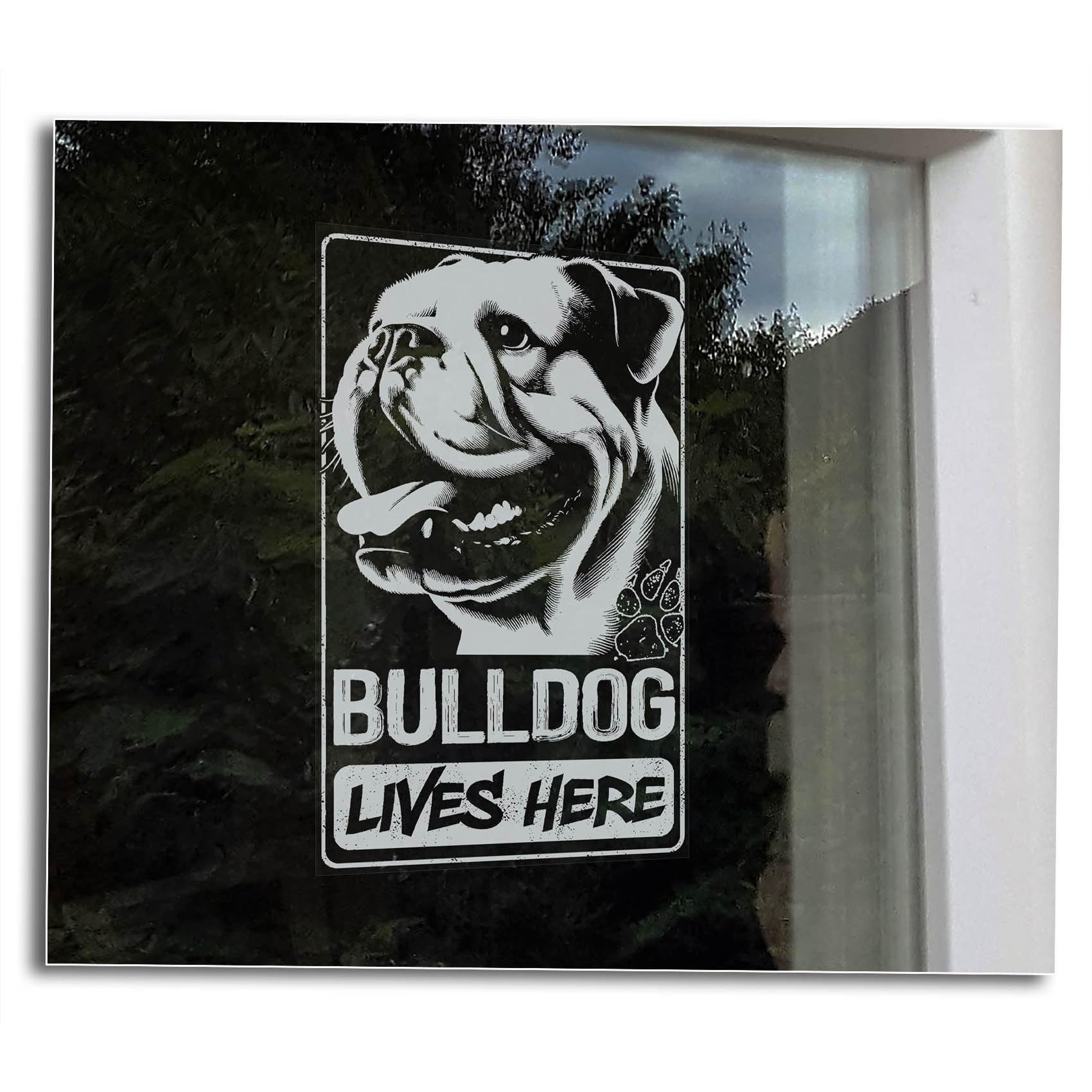 Bulldog Lives Here, Home Security Window Sign, English Bulldog Vinyl Decal, Beware of the Dog, Pet Owner Gift Car Sticker -V09 (Inside - White Reverse Print)