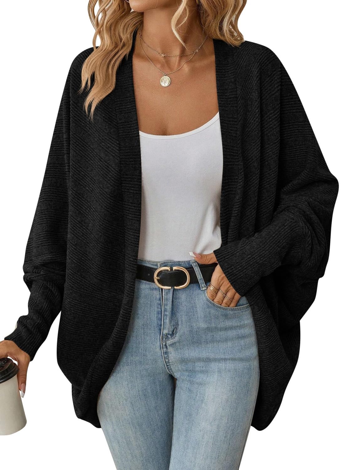 AMOMA Women Autumn Winter Casual Batwing Sleeve Cardigan Sweater Knitted Front Open Cardigans