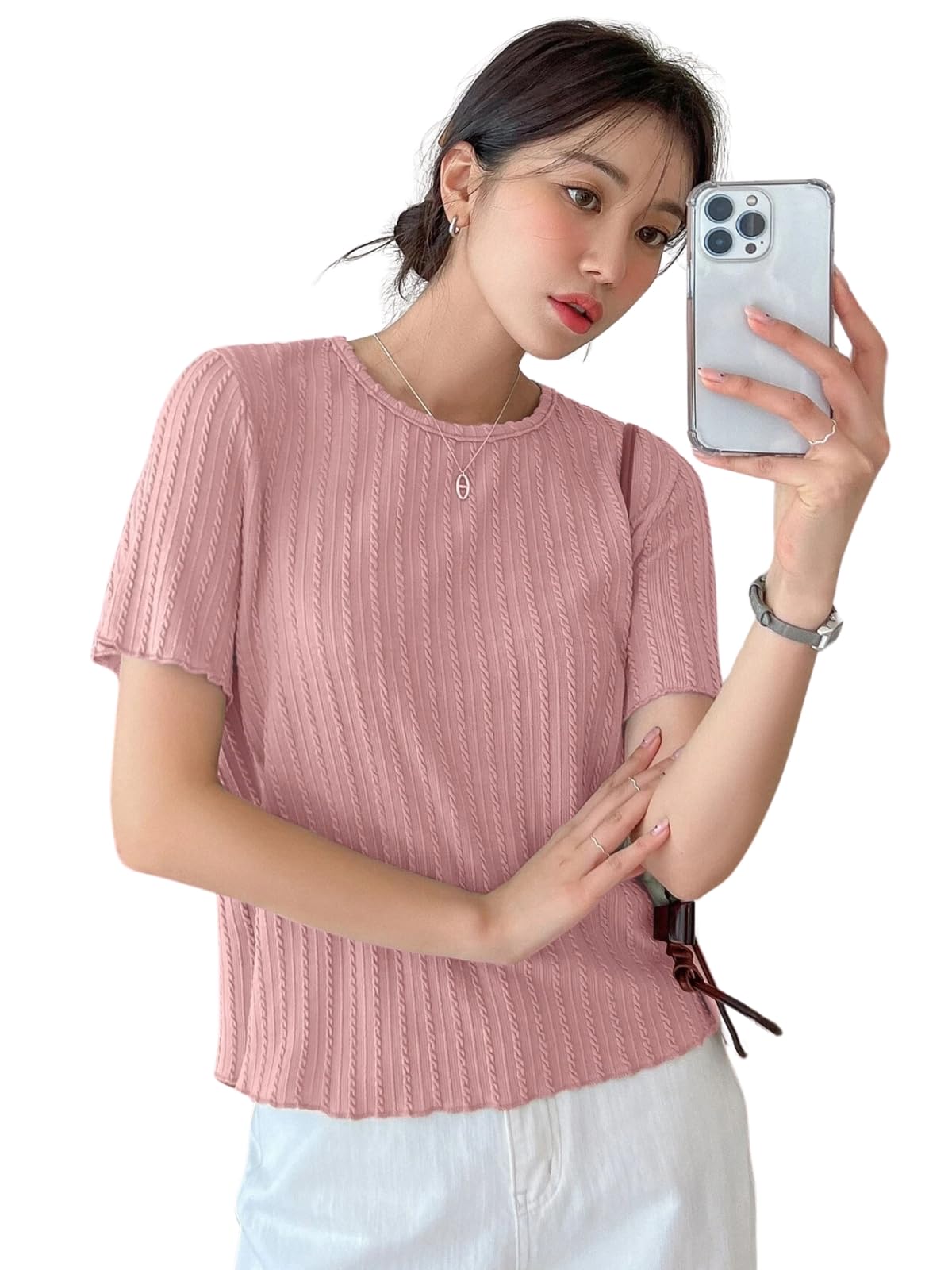 Regular Fit Tops for Jeans for Women | Korean Trendy Stylish Casual| Half Sleeve Textured Collarless | Crop Tank | Formal