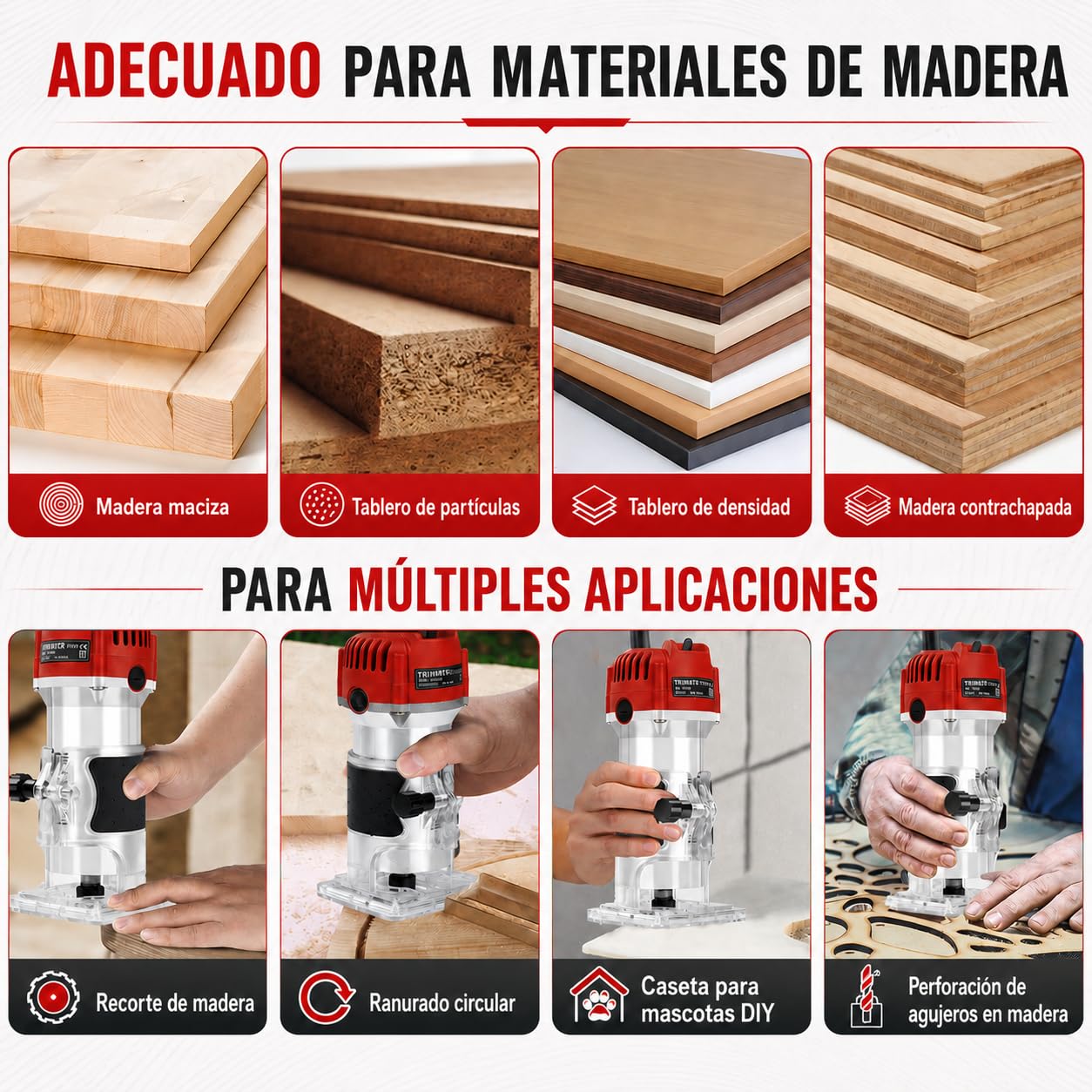 Fresadora Para Madera Compacta, 800W 30000RPM Fresadora De Mano Portátil, 6,35 mm Rebajadora Eléctrica con Guía Lateral y Guía Recta, para Ranuras, Cantos y Perfiles