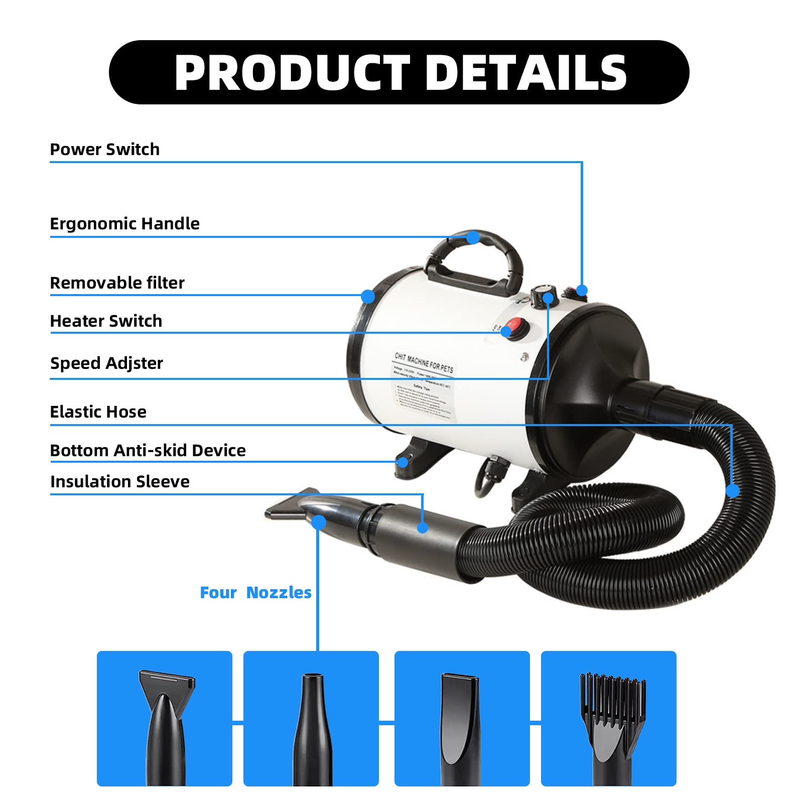 Secador de Pelo Para Perros, 2800 W Low Noise Mascotas Secador Soplador de pelo de Velocidad Continua y Temperatura Ajustable, Profesional Secador Perro con 4 boquillas y manguera larga (Blanco)
