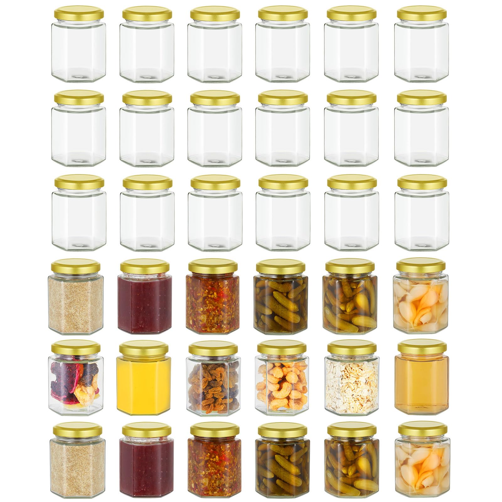 Artist Hand Juego de 36 tarros de conservas de 280 ml con tapa de rosca dorada, tarros hexagonales para mermelada, miel, jalea, chutney, pesto y especias