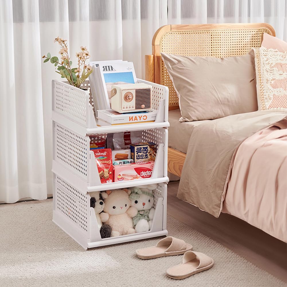 Juego de 5 cajones altos, organizador de armario apilable blanco, XL | caja de almacenamiento plegable, cajones apilables, cajas de almacenamiento de plástico, 42 x 33 x 25 cm
