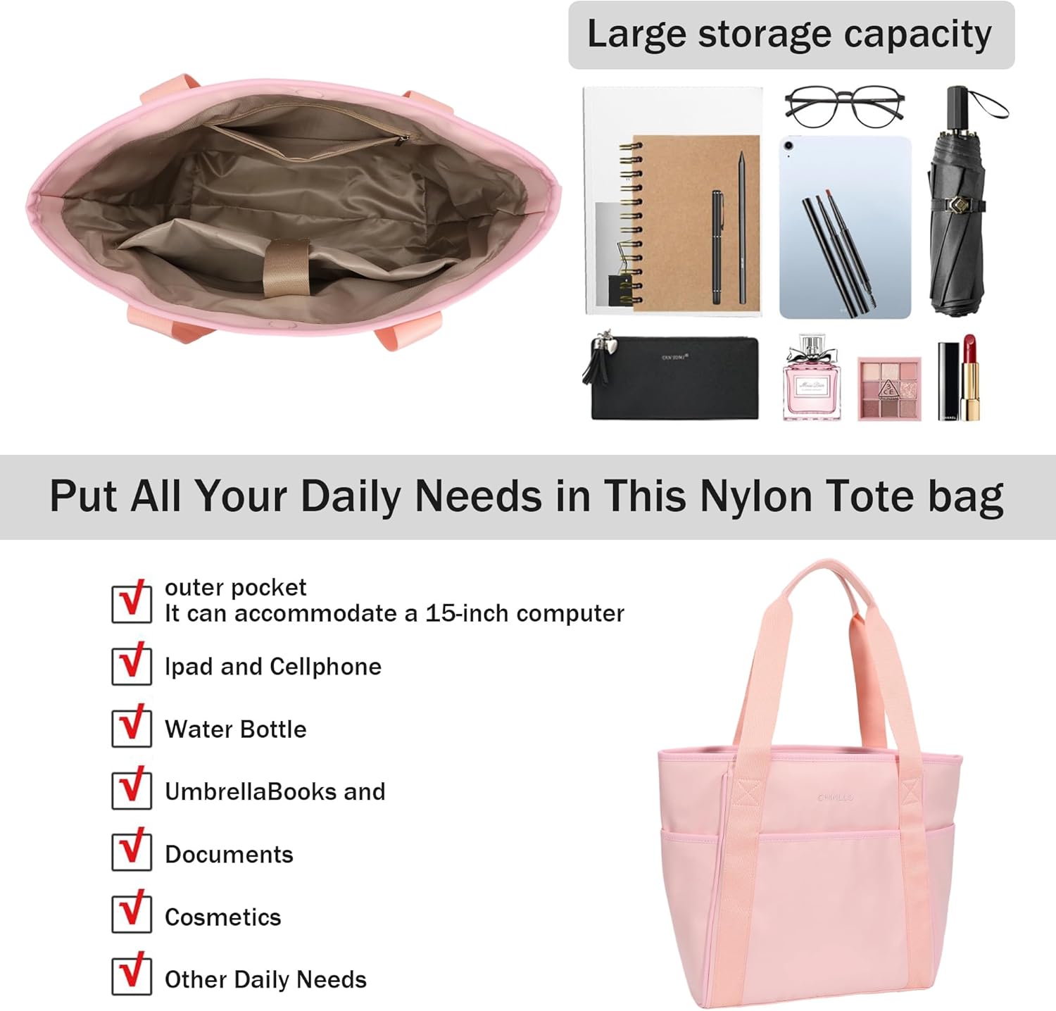 Chinllo Tote Bags for Women, Nylon Large Tote Handbags